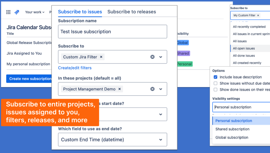 Subscribe to Jira Filters and Release Calendars