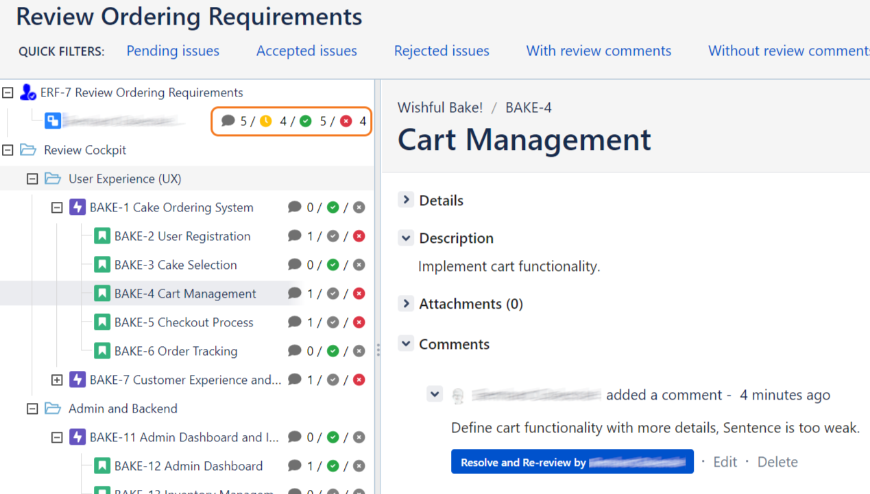 Reply in the easeRequirements review screen with your verdict, add comments and get an overview on pending issue reviews.