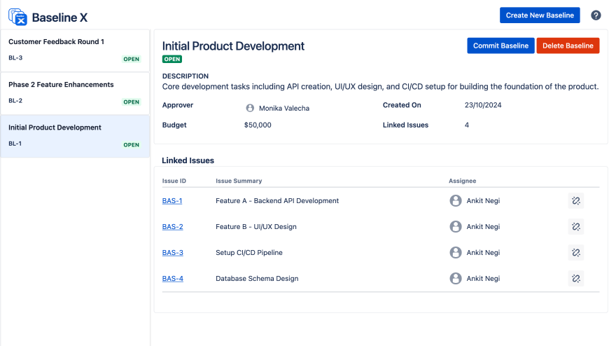 ​Organized view of baselines highlighting key details and associated issues. Effortlessly access data, track changes, and manage progress—all from a streamlined interface for enhanced visibility and control.