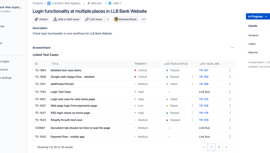 Link test cases with Jira issues and track latest test run status.