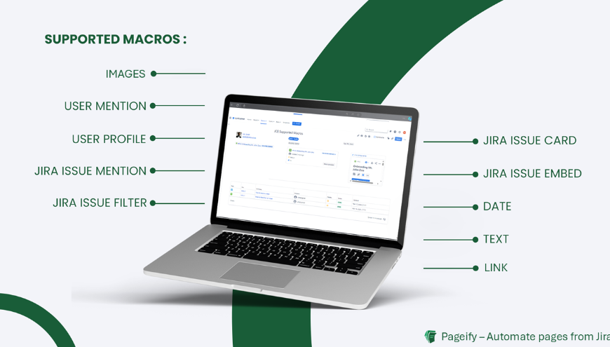 Image of a laptop displaying a list of supported macros by JCE on Confluence, including User Mention, Jira Issue Card, and Date, enhancing template functionality and integration