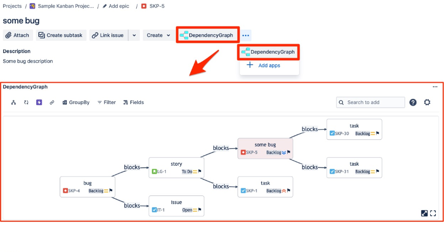 The Dependency Graph conveniently resides within the issue page, offering a seamless and user-friendly platform to view task dependencies. The app enhances project coordination and clarity, making it a valuable tool.