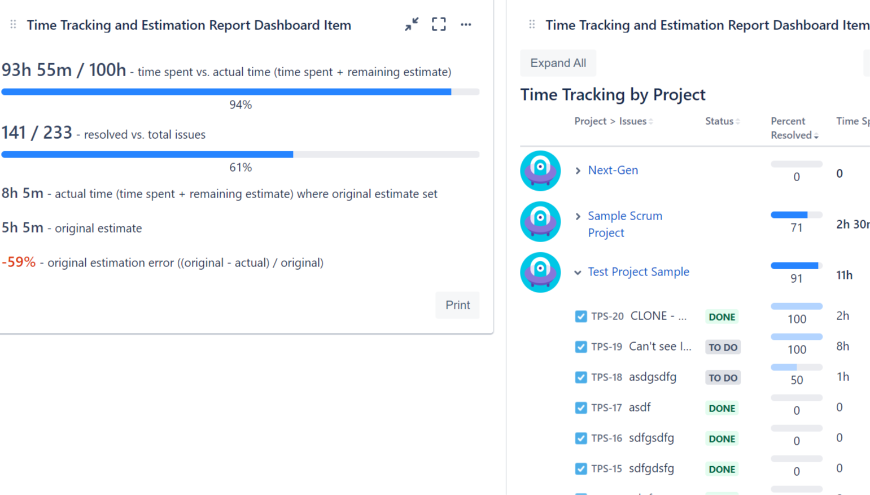 Project, Epic, sprint or other work time tracking overview dashboard