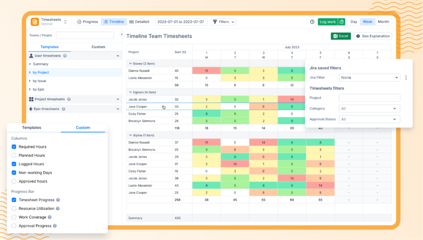 Team Timesheets and Reports.
Track logged work of team members.
Get Planned vs Actual, Resource Utilization, Skill Availability and other reports.
Built-in integration with Tempo, Jira Advanced Roadmaps & Big Picture.