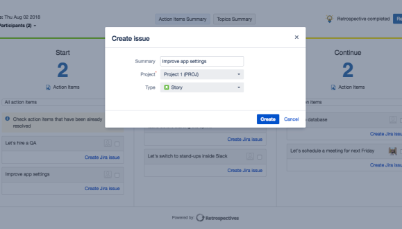 Having your action items in Jira will increase their follow-up, so your team can reach continuous improvement.