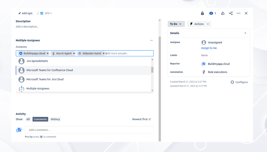 Improve collaboration and visibility. Assign multiple team members to a single Jira issue and streamline your team's workflow for increased productivity