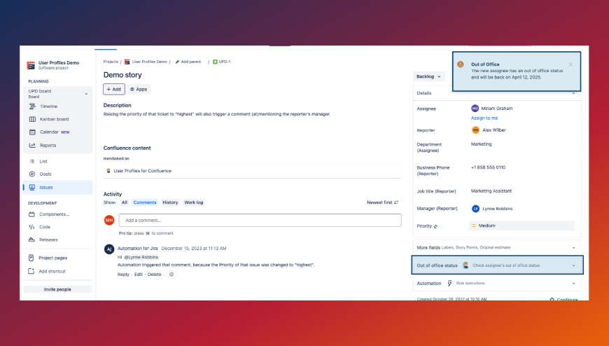 Access user absence information directly within Jira issues.