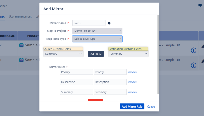 Customize the mirror at Project, Issuetype level