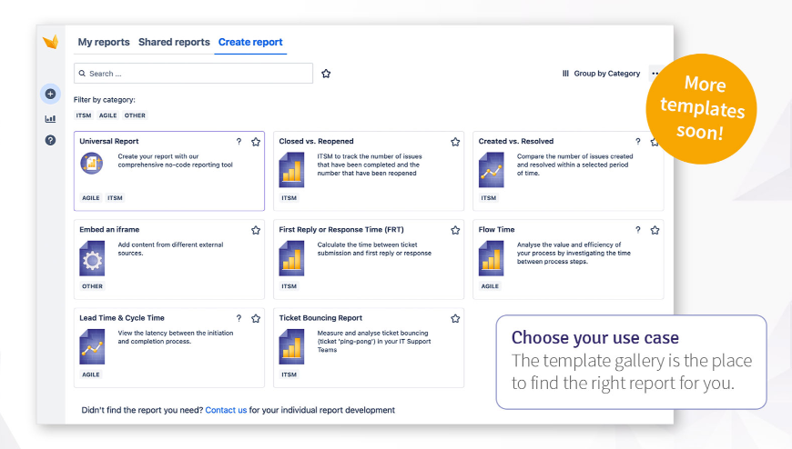 Find the right report to get insights into closed vs. reopened tickets, created vs. resolved issues, first response time (ITSM), flow time, lead time, cycle time or “ticket bouncing” within your service management.