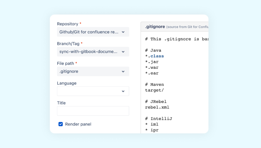 Embed the content of any file in your Confluence pages and blogposts, the add-on syncs the embedded content with your Git automatically.