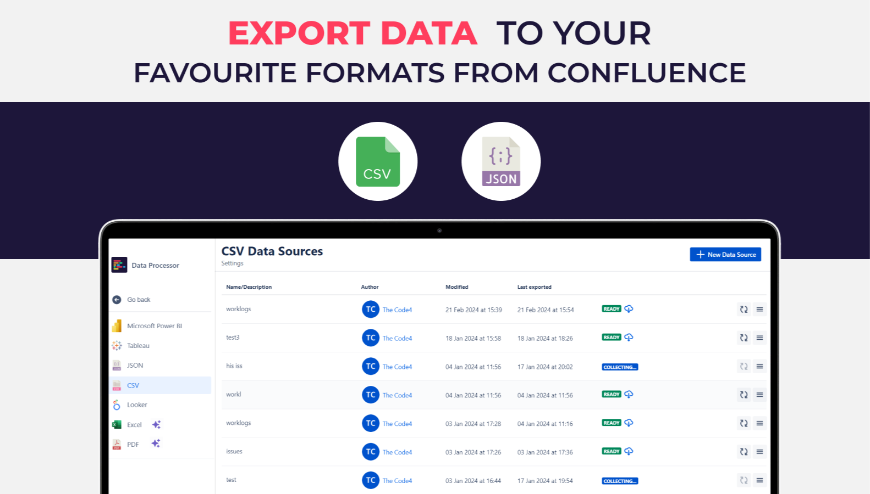 ​Extract data from Space, Contents, Versions, Content Analytics fields in your preferred format for offline use. Analyze and visualize Confluence data with ease.