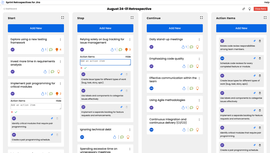 Our interactive board interface enables team members to contribute ideas, vote on suggestions, and create action items, all within a user-friendly environment.