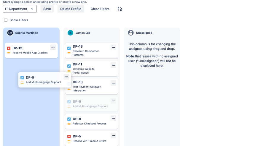 Drag and drop tasks between users to balance workloads and improve team efficiency in Jira.