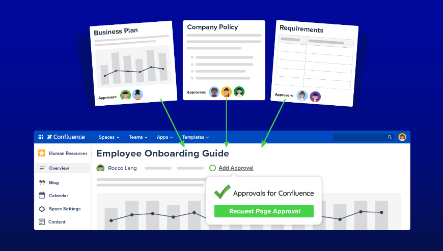 Don't lose a step by adding Approvals from the top of any page (This can be disabled at the Space and System level if it is not required)