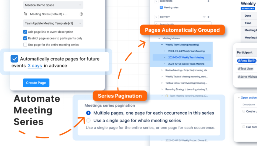 Automate and streamline your recurring meetings in Confluence! Meetical's Meeting Management tool enables automatic page creation, grouping, and participant mentions, making it easy to stay organized and on top of tasks.