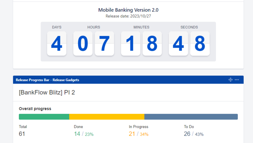 Put your Release Progress Bars and/or Release Status Reports to Jira Dashboards. You can also outline countdown timers for most important deliveries and show progress bars for any release/project scope via custom JQL.