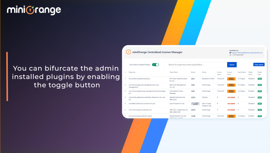 Manage your add-on with license status being identifiable by color highlights.

Search the add-ons by their (name, vendor, version, expiry status, plugin type: free/paid )​