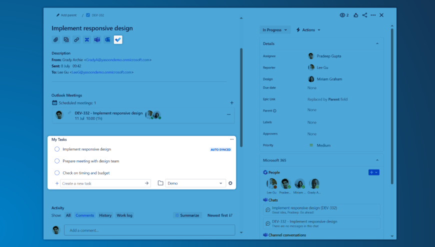 Are you meeting to discuss a Jira issue? Open the Microsoft To Do panel directly in the issue to easily add personal tasks. All tasks are instantly pushed to your chosen to-do list.