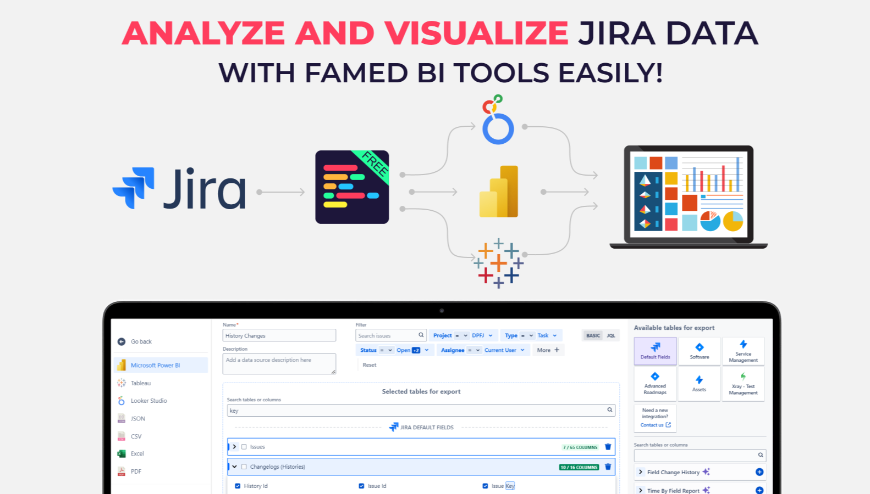 Unleash full Jira potential with famed BI tools. Select fields and export data from Jira to Microsoft Power BI, Tableau or Looker Studio. Use JQL or Filters to specify data export.