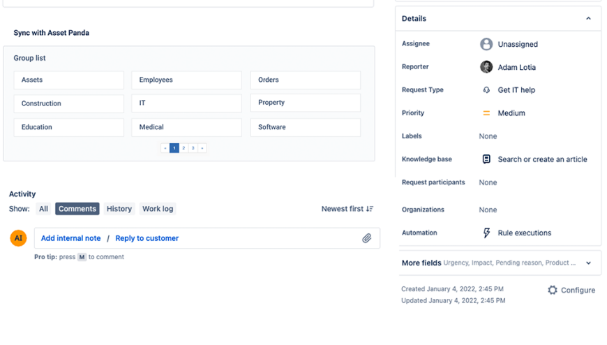 Asset view in Jira for Asset Panda