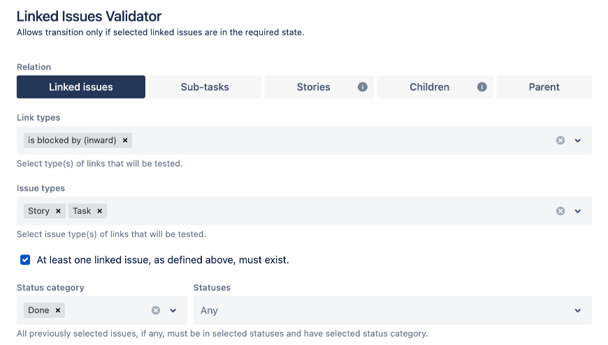 Linked issues, Children, Stories, Parent Validator