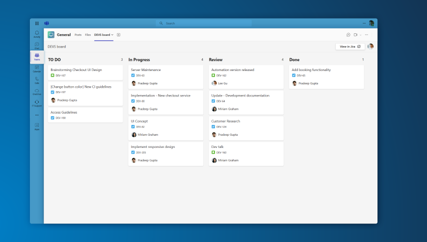 Work with your Jira boards in a Microsoft Teams tab and give non-Jira users access to Jira boards. Even non-Jira users can actively work with the Jira board in Microsoft Teams.