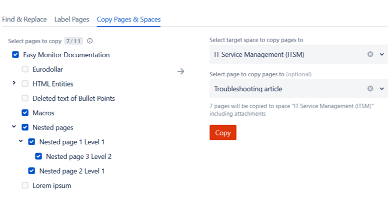 Select pages (or a whole space) to copy into another space.