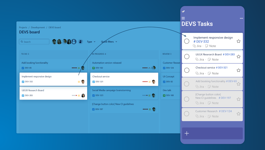 View your tasks in one place: Automatically sync all your Jira issues to your chosen Microsoft To-Do list. You can filter by status, type, priority, assignee and labels.