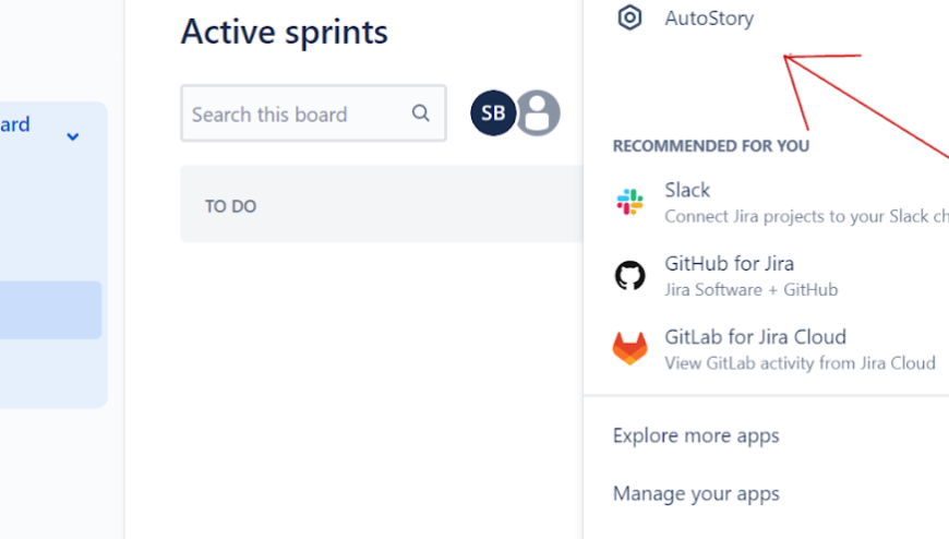 Once logged into Jira, find the Apps menu on the top ribbon bar. Click Apps, and select AutoStory.