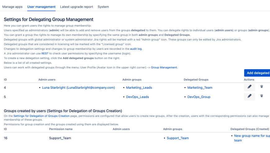 Experience an administrator interface: Easily specify delegation rights, oversee all delegated groups, maintain a clear audit log for all modifications, and ensure that your Jira instance remains securely configured.