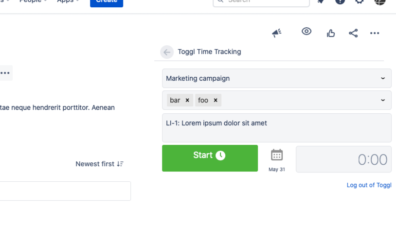 Toggl timer form as seen in the JIRA issue sidebar