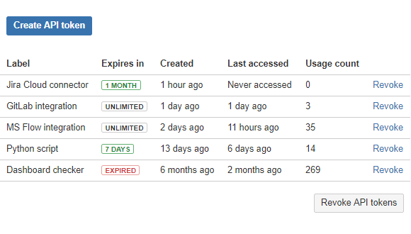 Manage API Tokens on one page, revoke each or all together