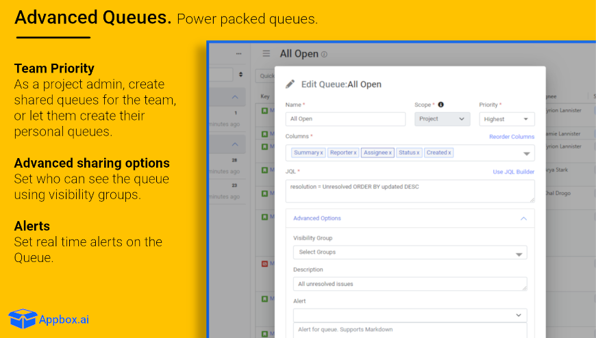 By creating & sharing queues that extend across multiple projects, your team can monitor the most pertinent items. These can be configured with alerts & prioritized to ensure that the most crucial tasks are picked first