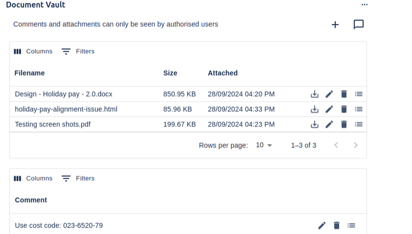 The Issue containing the Document Vault attachments as seen by an authorised user