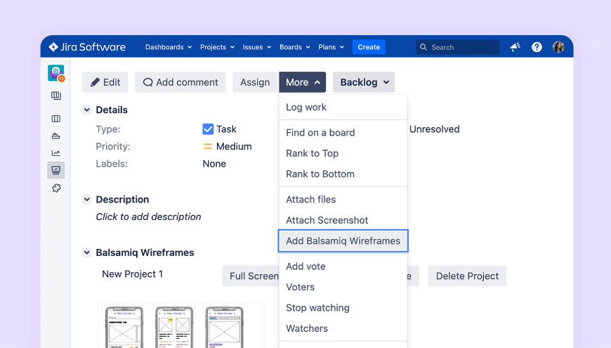 The Balsamiq Wireframes project is saved as an attachment to your Jira issue and is easy to use via our interactive issue panel.