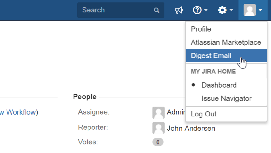 Access Digest Email configuration at Jira Profile -> Digest Email menu