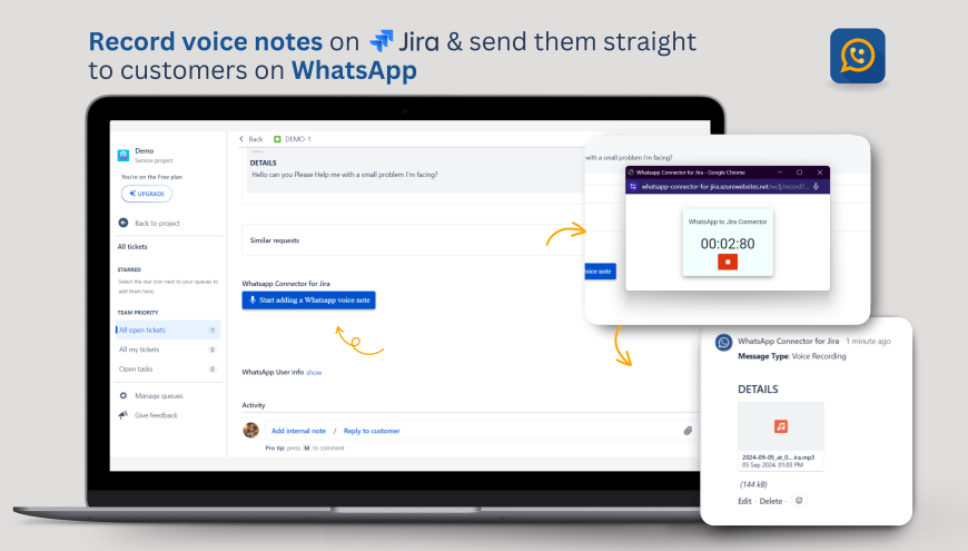 Record voice notes on Jira and send them straight to customers on WhatsApp