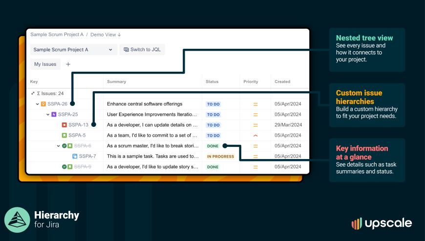 Use Hierarchy for Jira to create a custom issue hierarchy, allowing you to see all of your issues and dependencies in a nested tree view.