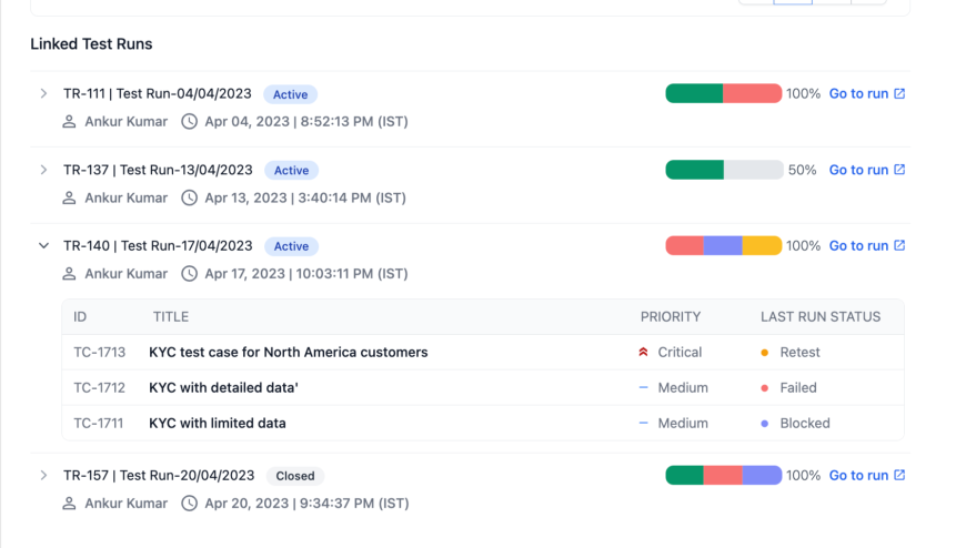 Track active or closed test runs linked with any Jira issue.