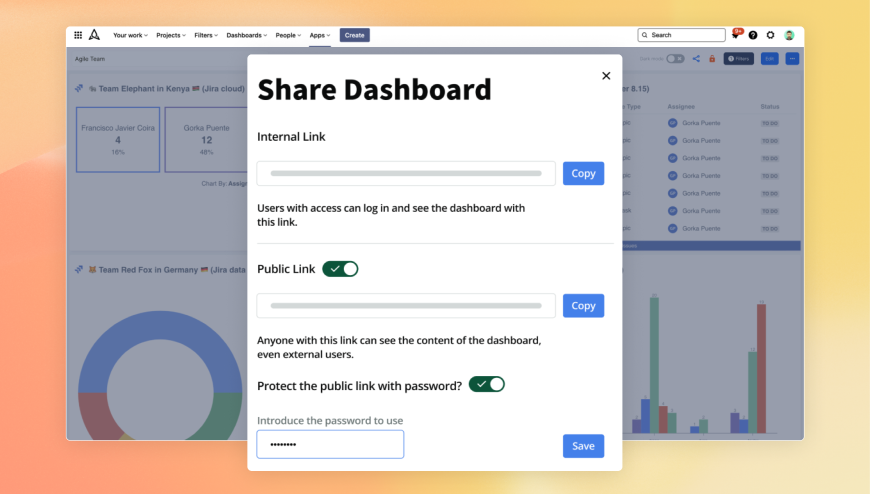 Share dashboards externally with password-protected links in seconds. Grant Customer Portal users access to see their relevant dashboards.