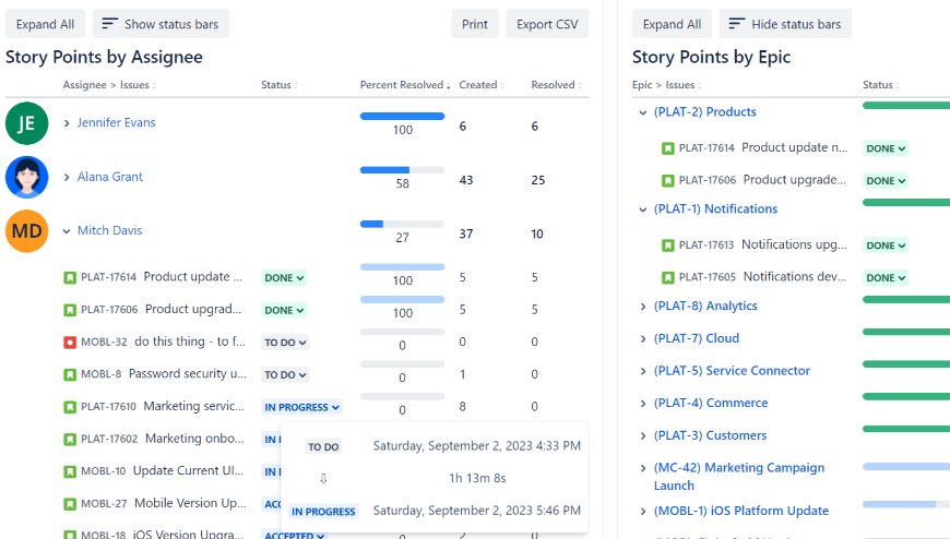 Issue or story points count by a user, project, sprint or a custom field