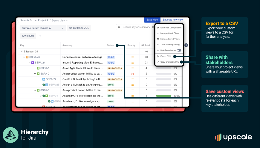 Create custom saved views of your project and share them with stakeholders in seconds using a shareable URL.