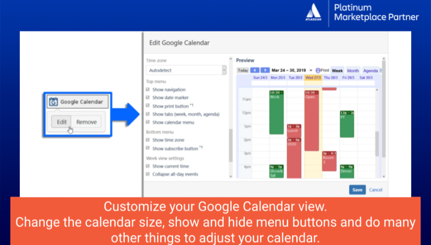 Change the size of calendar frame, show or hide calendars. Adjust calendars to fine-tune it to fit your Confluence page. Color coding helps to distinguish between different calendars. Configure timezone and clock format.