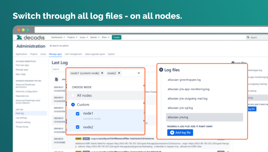 Browse and view any log file directly from your log directory without server access. Select files easily from the collapsible sidebar and even have them consolidated across multiple nodes. P.S. Thread dumps are included!