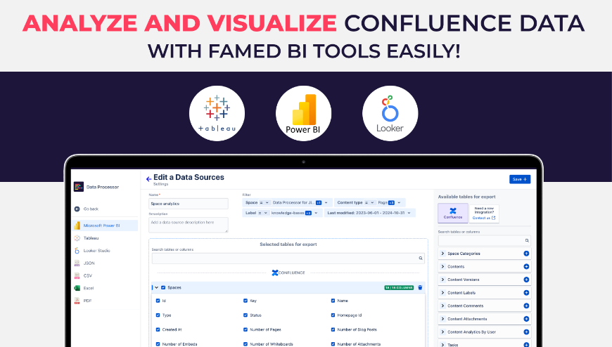 ​Import Spaces, Contents, Versions, Content Analytics fields into Power BI, Tableau, or Looker Studio for deep insights. Use filter to specify data export. Suitable for all skill levels.