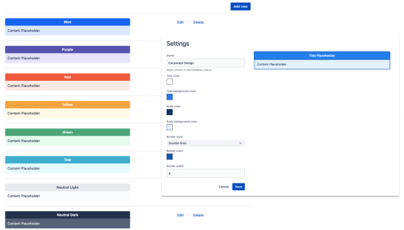 Confluence administrators can configure a range of Panelboxes in the app configuration, defining design elements to ensure a consistent look for all users.