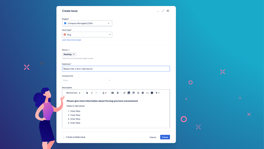 Easiest way to modify the issue create screen. Predefine field values & visibility, customize names & more, based on individual conditions like field attributes or user-specific criteria. Support for over 15 field types.