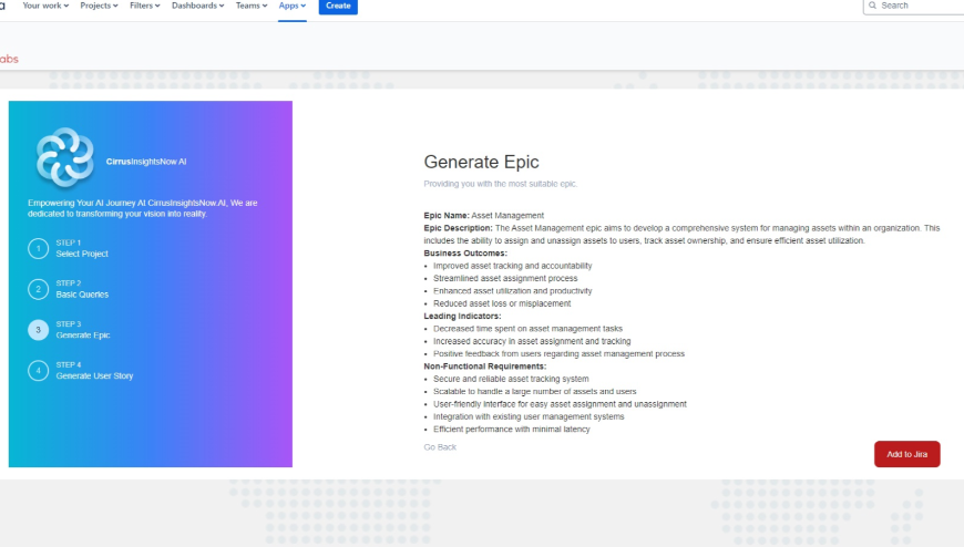 View the generated Epic and add it to Jira