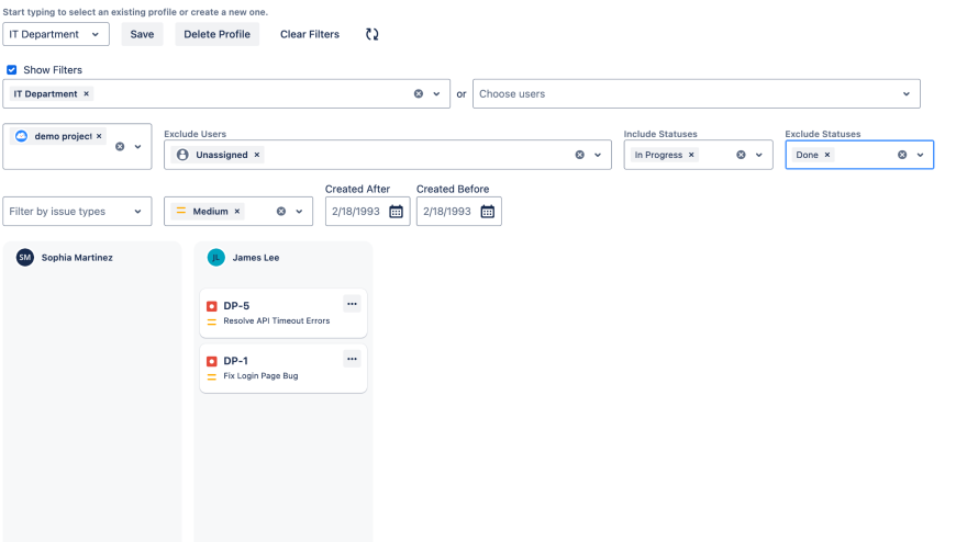 Filter tasks by project, priority, or issue type to streamline workload management in Jira.