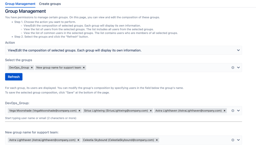 Users manage group memberships via their profile. Navigate through delegated groups, inspect user directories, and adjust member allocations. Streamlined operations ensure precise group access without admin overhead.